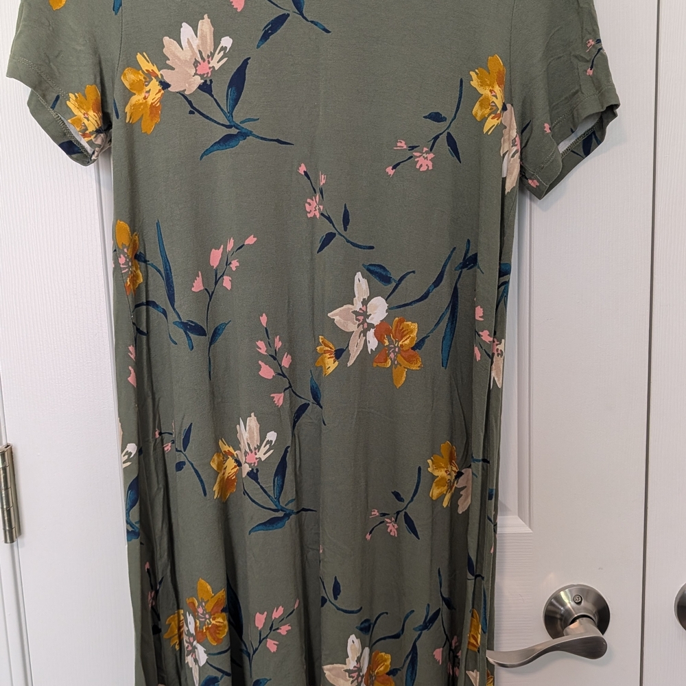Floral Midi Dress in Olive Green with Mustard and Pink Blooms